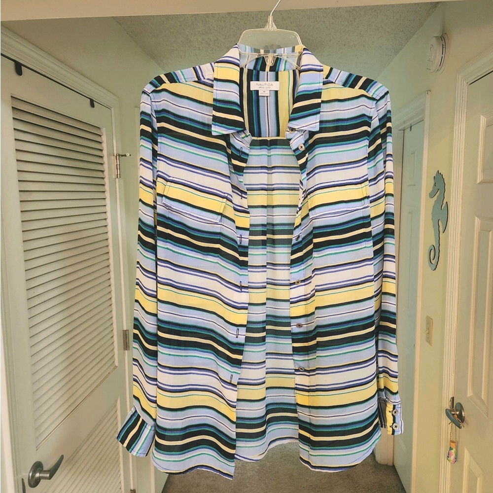 Worn ONCE Nautica sheet striped coastal style blue green yellow stripe sheer
